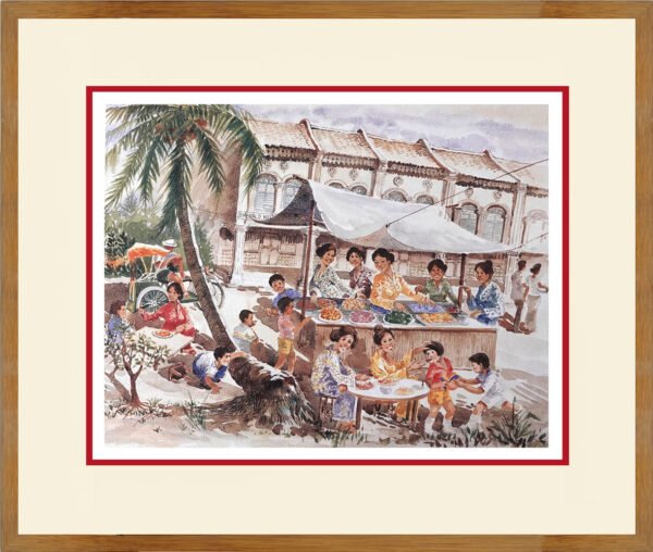 watercolour painting of early singapore emerald hill hawker scene by ching hing kang